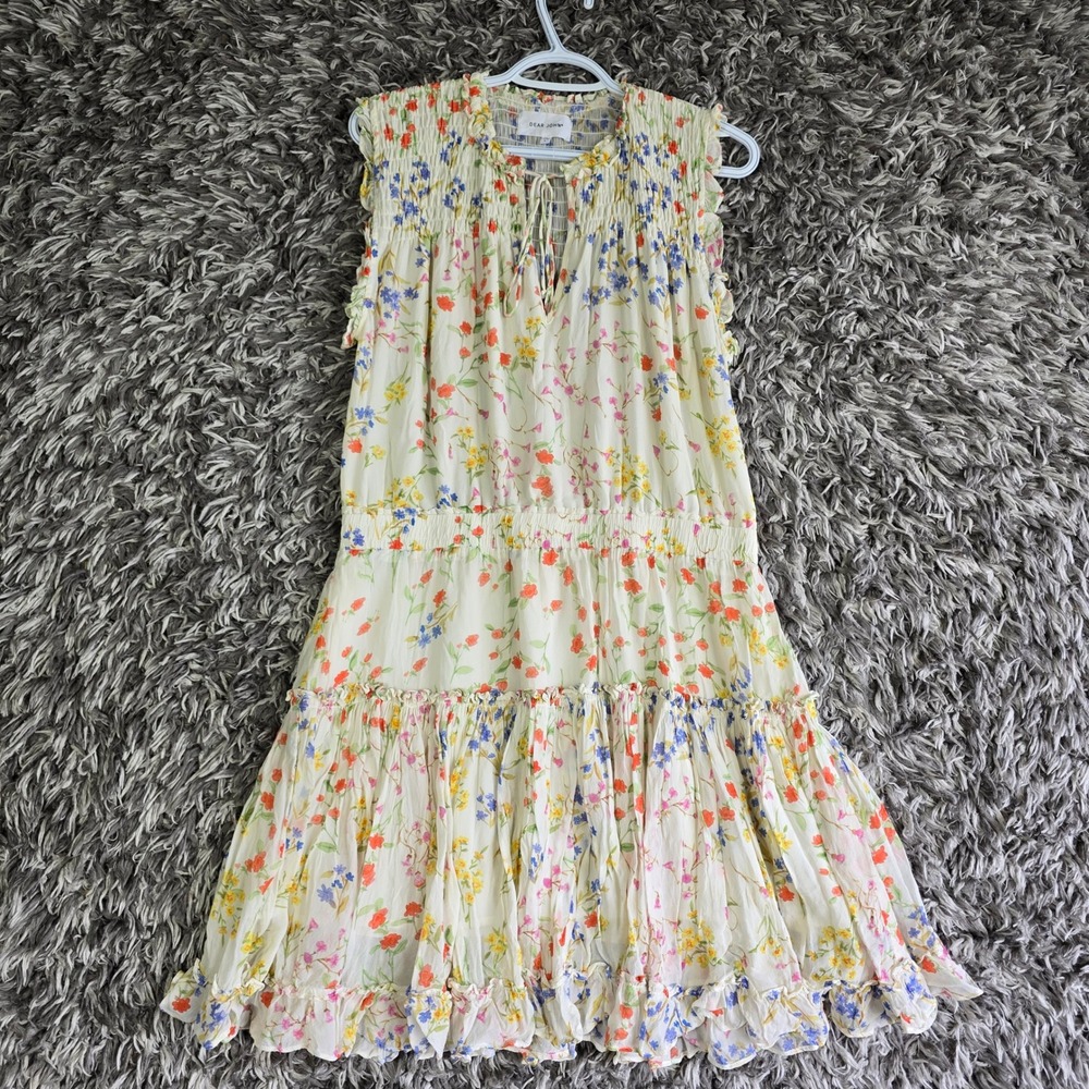 Dear John Womens Floral Smocked Sleeveless Tiered Mini Dress Ivory Multi Large